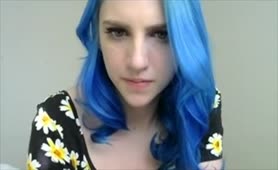 Blue Haired Girl in Flowers Plays with Tits